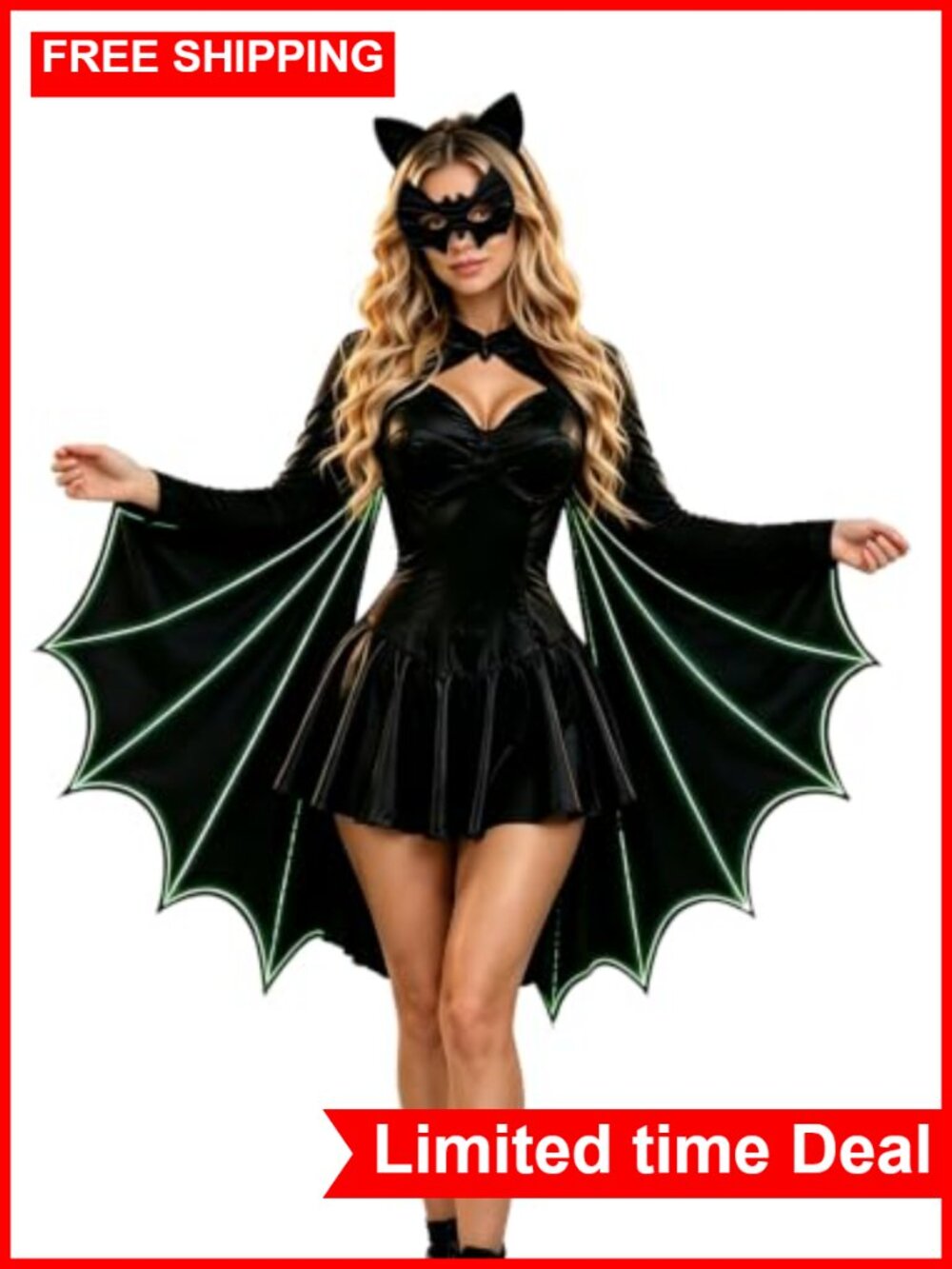 Glow in the Dark Bat Wings Costume Set Cape Headband Mask Halloween